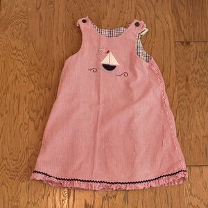 Glorimont Reversible Seersucker Dress with Sailboat Embroidery/ Plaid Puppy